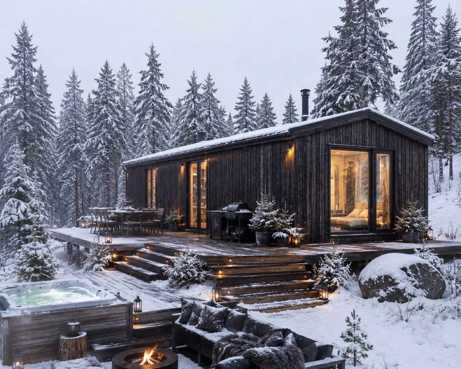 Pølarnest im Schnee mit Terrasse, warmem Innenlicht und Waldkulisse