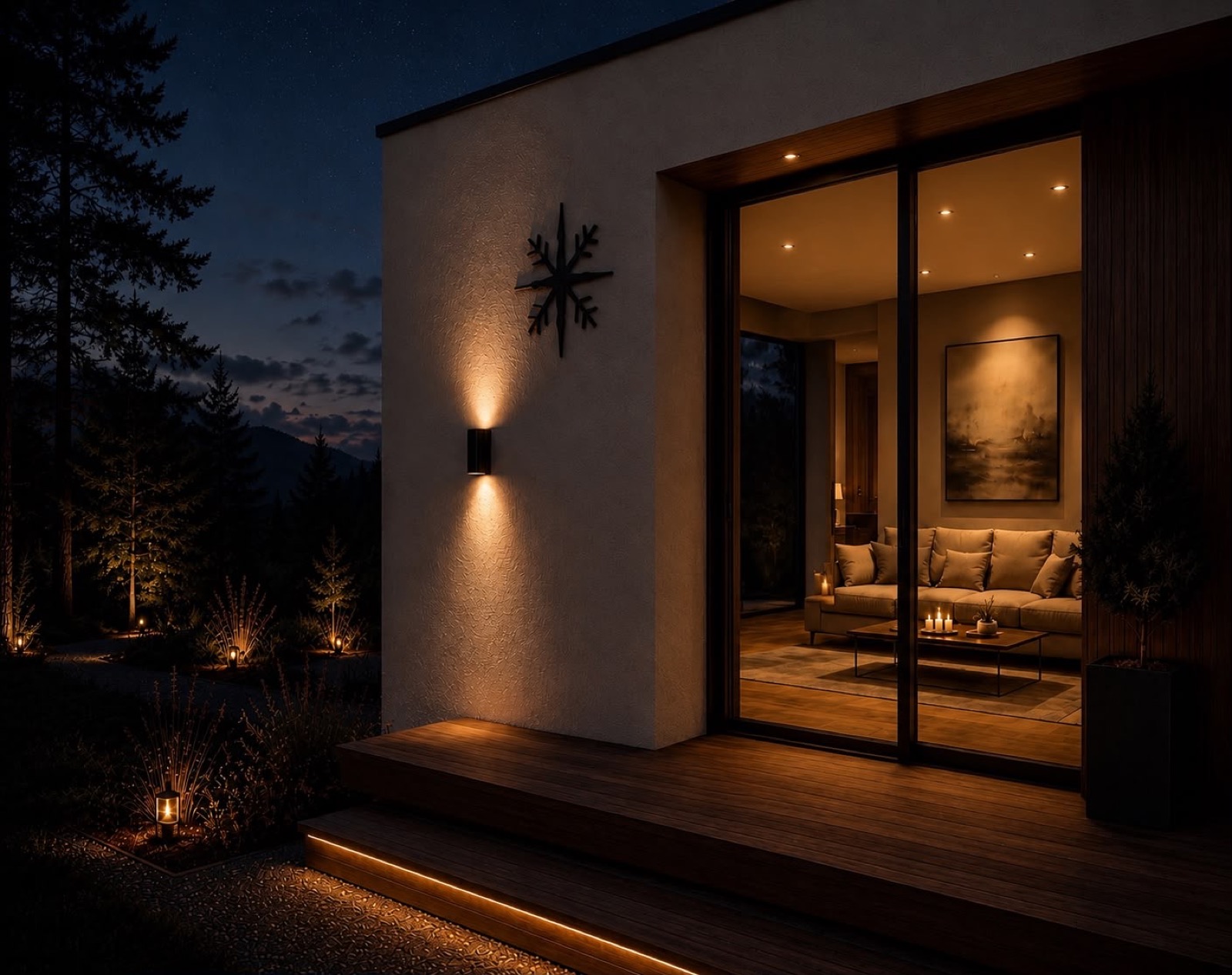 Pølarnest mit warm beleuchteter Terrasse und Blick in den nordischen Wald