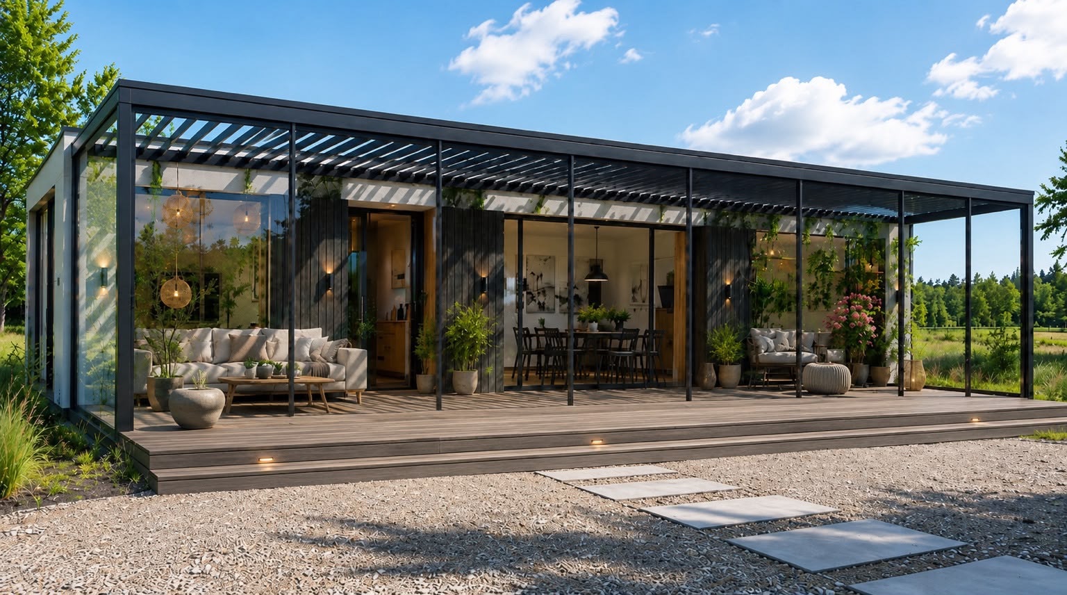 Pølarnest mit Lamellendach-Pergola, Glas-Schiebeanlagen und einladender Holzterrasse