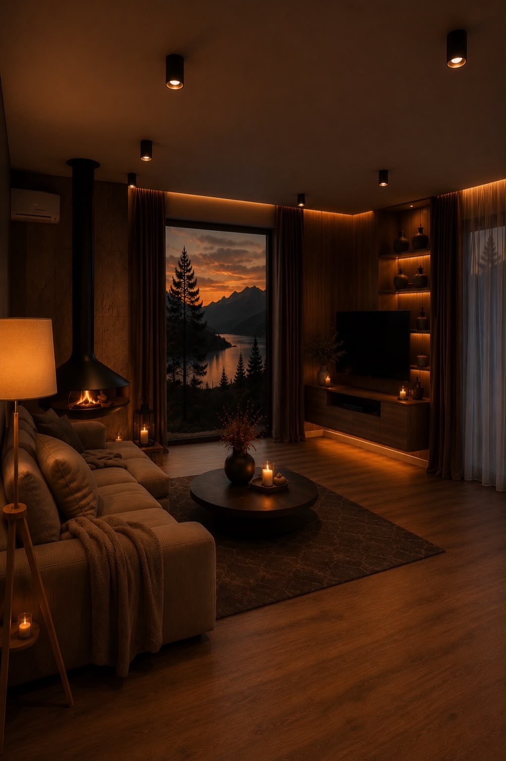 Warmer Pølarnest Innenraum mit Kamin, nordischem Holz und Abendlicht